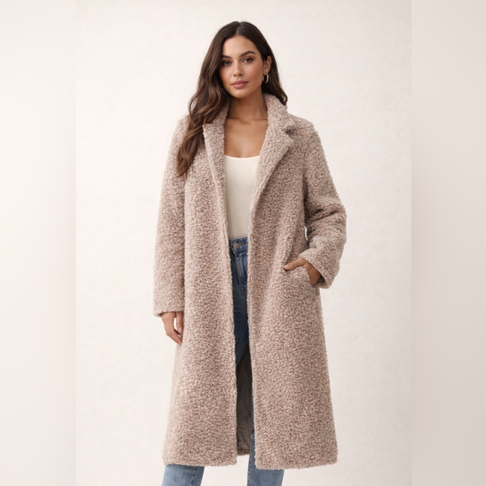 Lanston Sherling Trench Coat Sand Beige XS‎ NWT Teddy Faux Shearling Long